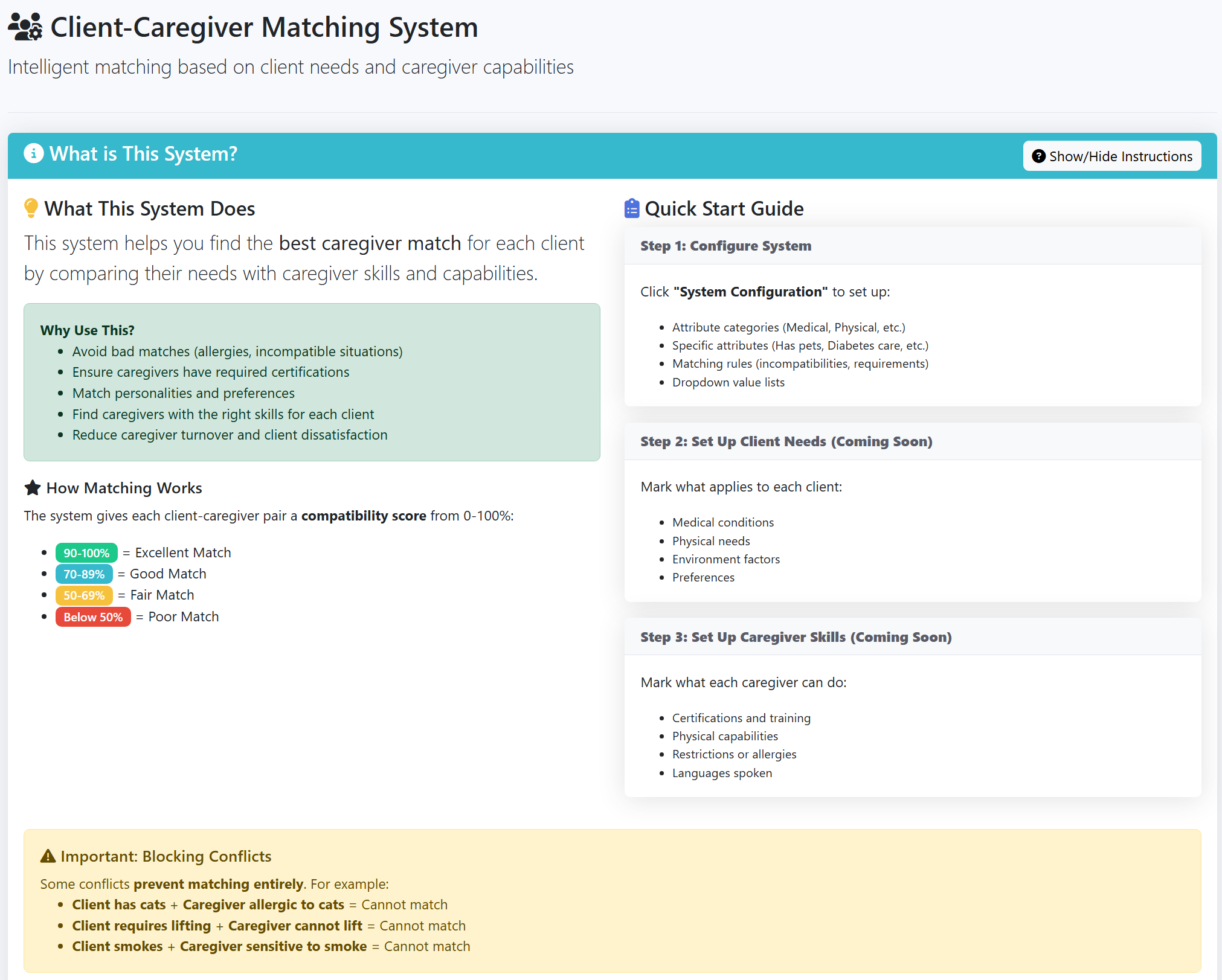 CareConnect matching system screenshot