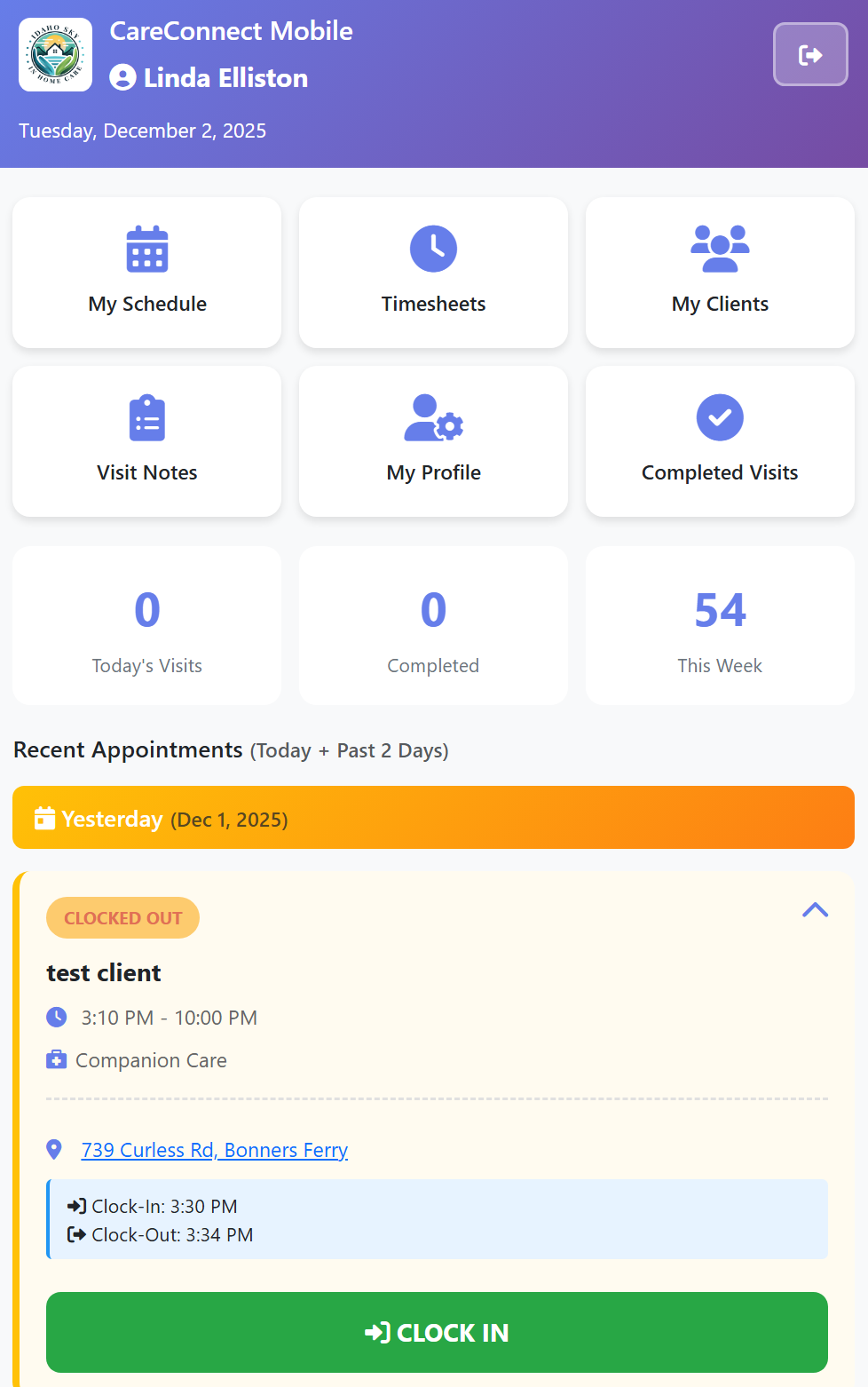 CareConnect mobile dashboard screenshot
